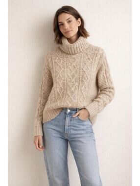 NEW Banana Republic Cableknit Sweater Womens Beige Sz Small Fisherman Turtleneck